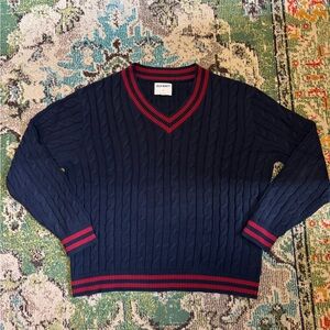 Old Navy Men's V-Neck Tennis/Cricket Cable Knit Sweater Navy Blue Red XL